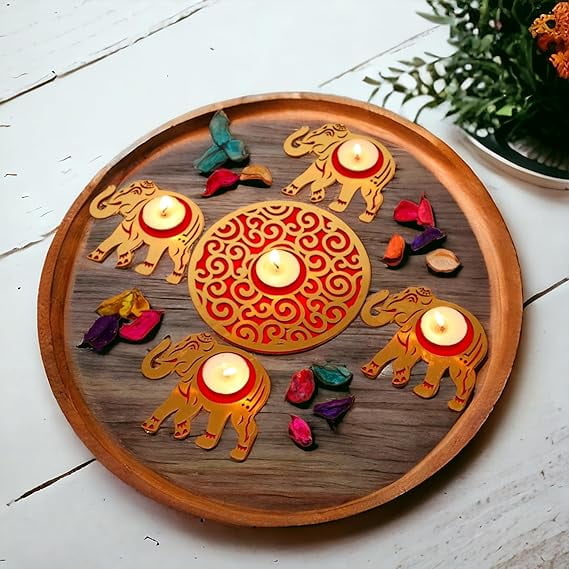 MDF Wood Readymade Rangoli Set with Tealights | Tea Light Candle for Diwali | Diwali Decoration Items for Home Decor Festive Diwali Corporate Gift Item (Elephant Design)