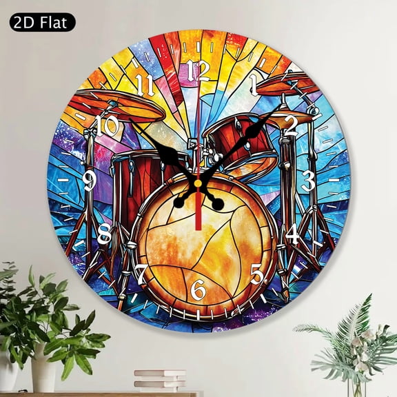 MDF Wood Round Wall Clock Stained Glass Style Drum Set Colorful Music Themed Decorative Art for Music Lovers Home Office Gift