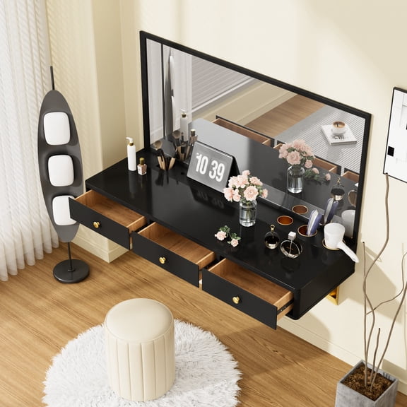 MDF and Glass Floating Vanity Table | Multi-Purpose for Various Functional Scenarios | Provide High Stability and Easy Assembly Experience