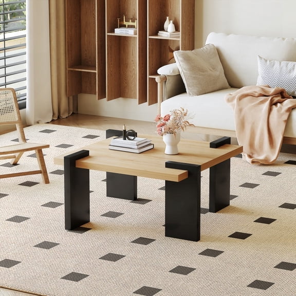 MDF coffee table in natural wood color, 31.5*31.5*16.6in, with black legs and floor-protecting felt pads for modern minimalist living rooms.
