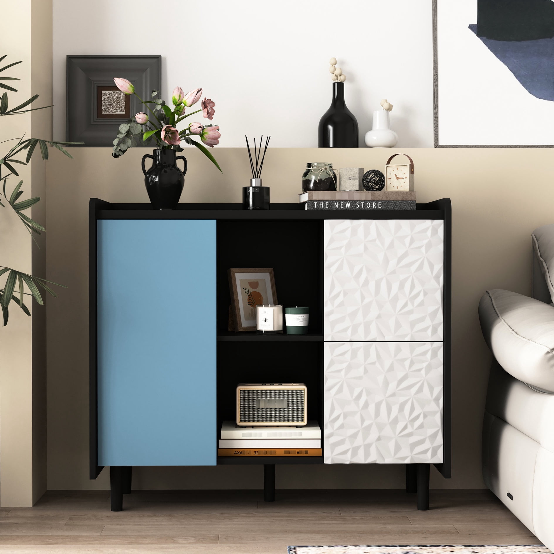 MDF made storage cabinet with unique panel drawers for home ...