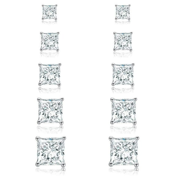 MDFUN 18K White Gold Plated Princess Cut Clear Cubic Zirconia Stud Earring Pack of 5 Pairs