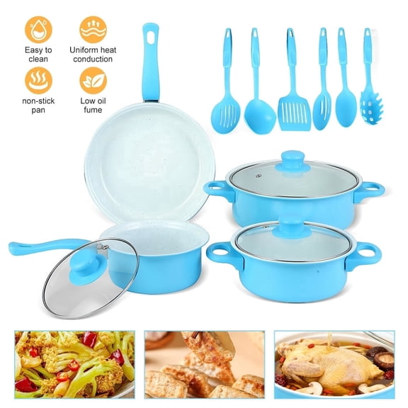 MDHAND 13-Piece Cookware Set, Sky Blue Kitchen Pots and Pans Set with Glass Lids, Nonstick, Durable Iron Construction, Gift Box Packaging
