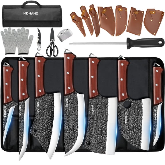 MDHAND 14 PCS Butcher Knife Set with Bag, Hand Forged Chef Knive Set, Meat Cleaver Boning Knife for Camping BBQ