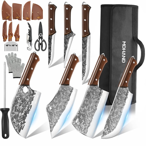 MDHAND 14-Piece Forged Chef Knife Set with Nylon Roll Bag, Hand Forged Carbon Steel Cloud Pattern Knives, Multi-Functional Kitchen Knives with Ergonomic Composite Handle, Dishwasher Safe