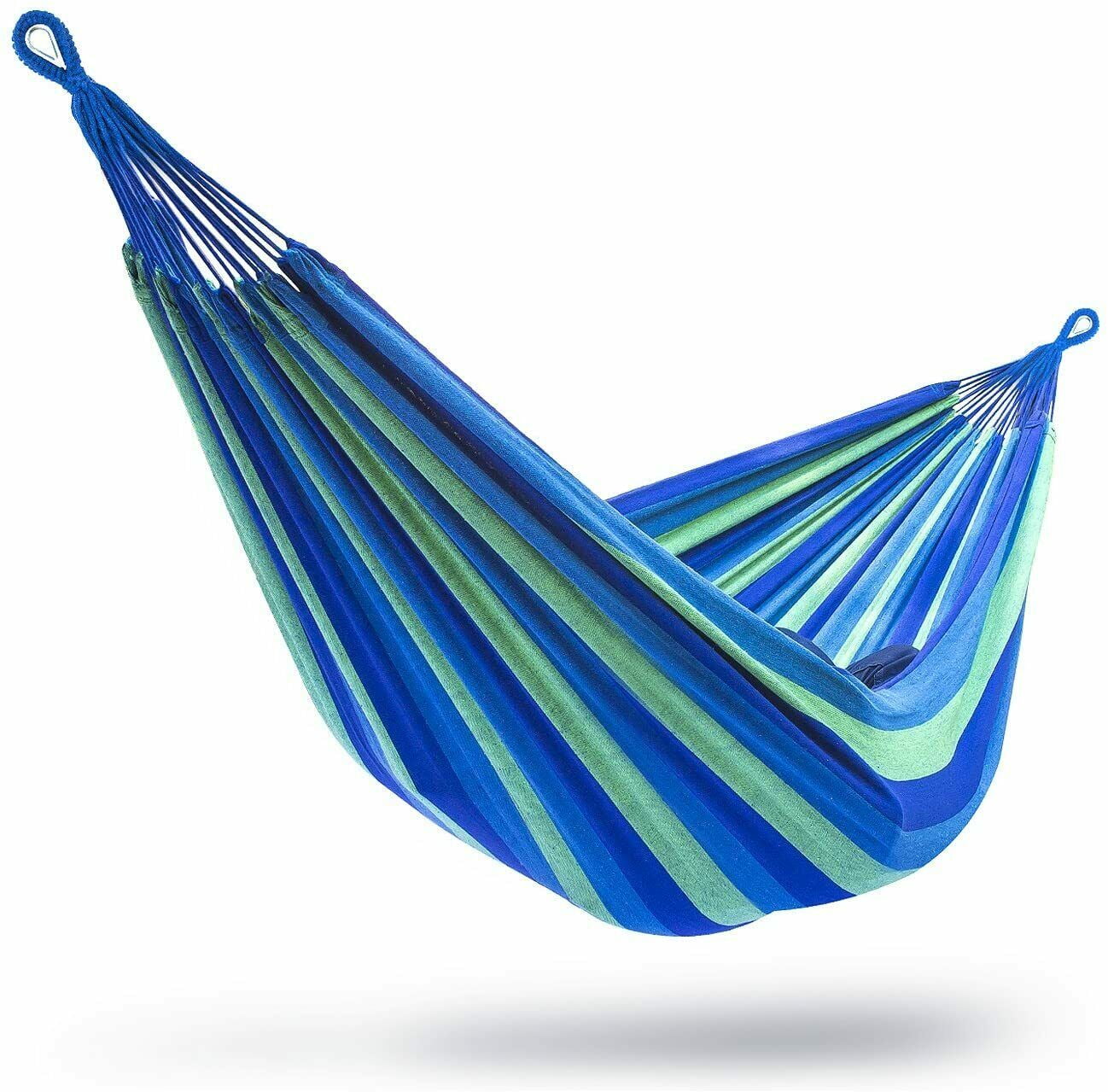 MDHAND 2-Person Brazilian-Style Cotton Double Hammock Bed w/ Portable Carrying Bag Blue Striped Without Rod
