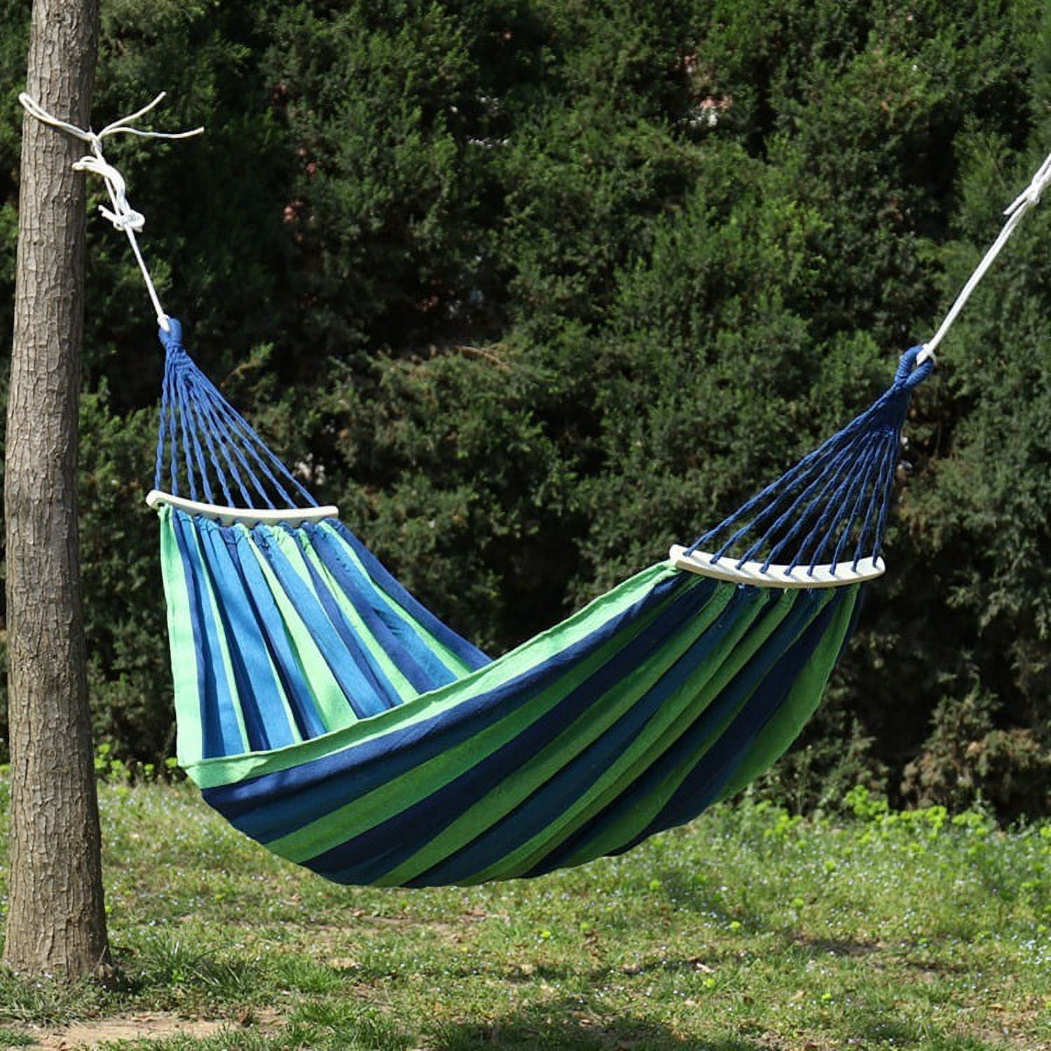 MDHAND 2-Person Brazilian-Style Cotton Double Hammock Bed w/ Portable Carrying Bag Blue Striped with Rod