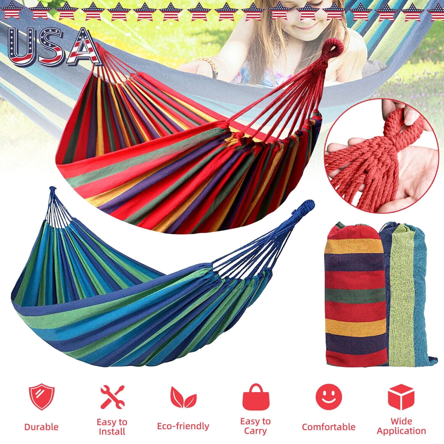 MDHAND 2-Person Brazilian-Style Double Hammock Bed with Portable Carrying Bag,79*59in,Blue