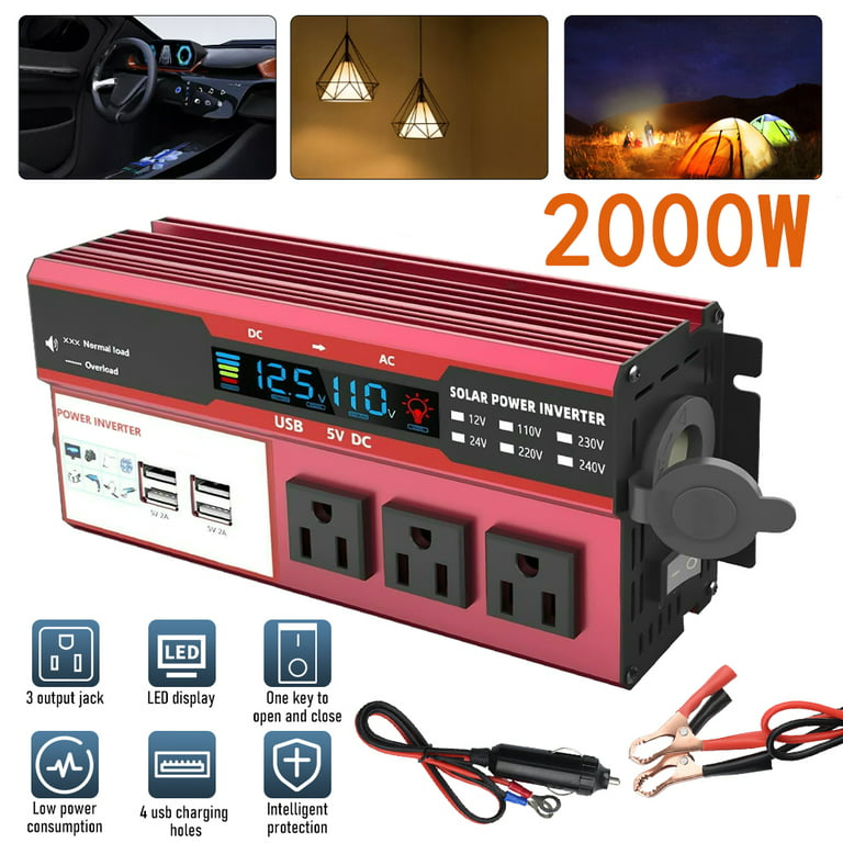 MDHAND 2000W Pure Sine Wave Inverter, Car Power Inverter DC 12V to AC 110V  Car Converter with LED Display Remote, Red 