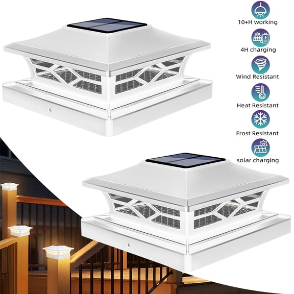 MDHAND 2Pcs Solar Post Lights, LED Outdoor Pillar Lamp with 10 Light Sources, Warm & White Light Switchable, IP64 Waterproof, for Garden Fence Driveway, White