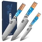 MDHAND Damascus Kitchen Knife Set 3 Piece, 8 Inch Chef 7 Inch Santoku 3.5 Inch Paring Knife, 67 Layer Damascus Steel with Blue Resin Wood Handle, Gift Box for Fathers Day Birthday Wedding