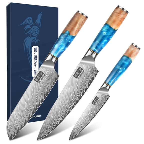 MDHAND Damascus Kitchen Knife Set 3 Piece, 8 Inch Chef 7 Inch Santoku 3.5 Inch Paring Knife, 67 Layer Damascus Steel with Blue Resin Wood Handle, Gift Box for Father's Day Birthday Wedding
