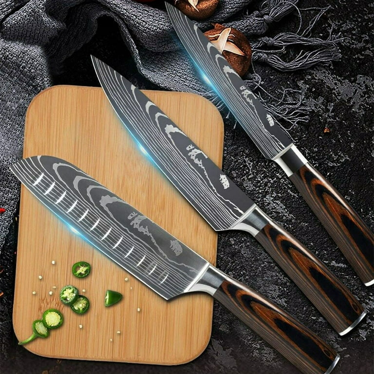 XYj 9pcs Professional Kitchen Knife Set Japanese Knife Sets Kitchen Knives  Damascus Knife Sets Laser Damascus Pattern Chef Knife Best Kitchen Knives