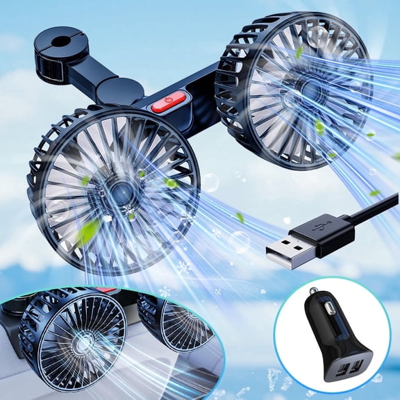 MDHAND 4 Inch Dual Head Car Fan, USB Vehicle Fan with Adjustable Clip, 360 Rotation, 30dB Quiet Motor, Includes Dual USB Car Charger