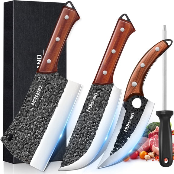 MDHAND 4-Piece Forged Kitchen Knife Set, High Carbon Steel Chef & Butcher Knives with Sharpening Rod, Gift Box