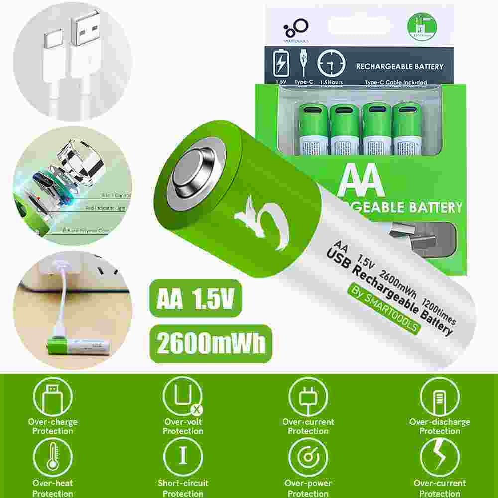 MDHAND 4pcs No.5 1.5V AA Rechargeable Li-Ion Battery 2600mAh Green