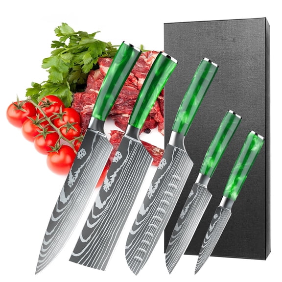 MDHAND 5-Piece Kitchen Knife Set with Gift Box, Green Resin Handle Chef Knife, Cleaver, Santoku, Paring Knife, Ultra Sharp, Rust Resistant, Ergonomic Grip, Professional Grade