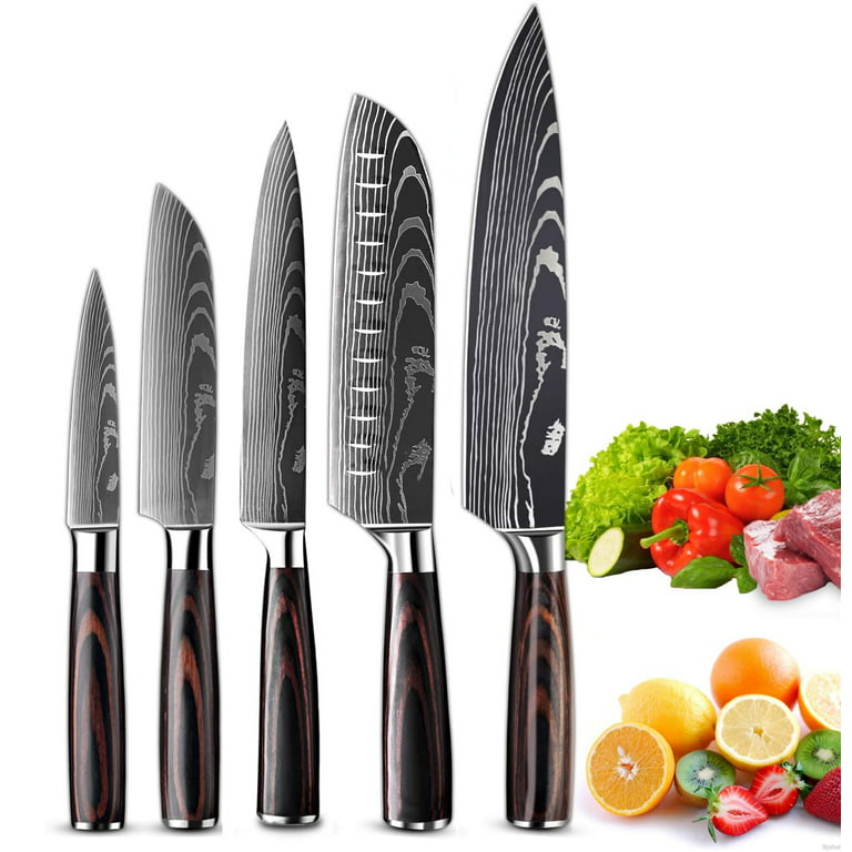 5 Pcs/set Professional Chef Knife Best Kitchen Knives Set Steel Knife with  Wood Handle Stainless Steel Kitchen Knife Set Damascus Stainless Steel Knives  Paring Utility Santoku Slicing Chef Cooking Knife Kitchen Slicing