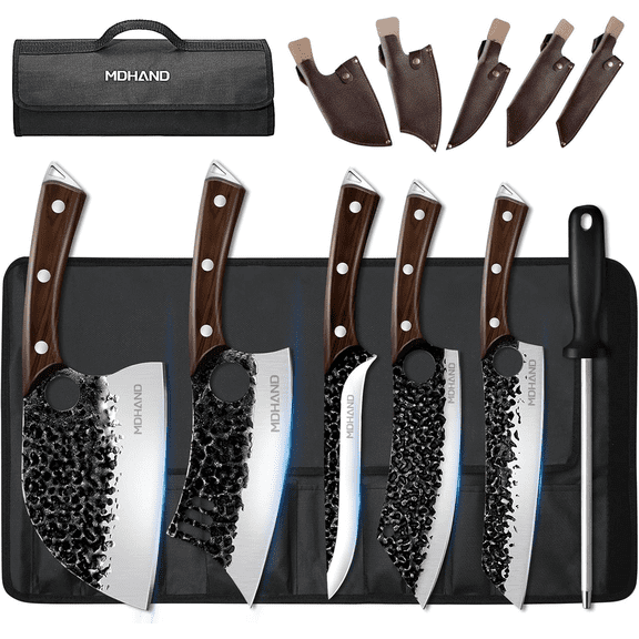 MDHAND 6-Piece Forged Butcher Knife Set with Nylon Roll Bag, Black Hammered Steel Knives with Wood Handles & Leather Sheaths