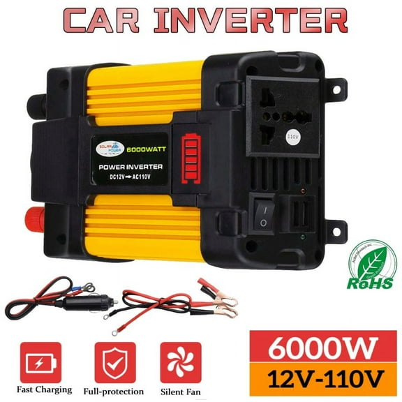 MDHAND 6000W Pure Sine Wave Inverter, Car Power Inverter DC 12V to AC 110V Converter Inverters with Dual 2.1A USB Charging Ports Fast Charging, Yellow