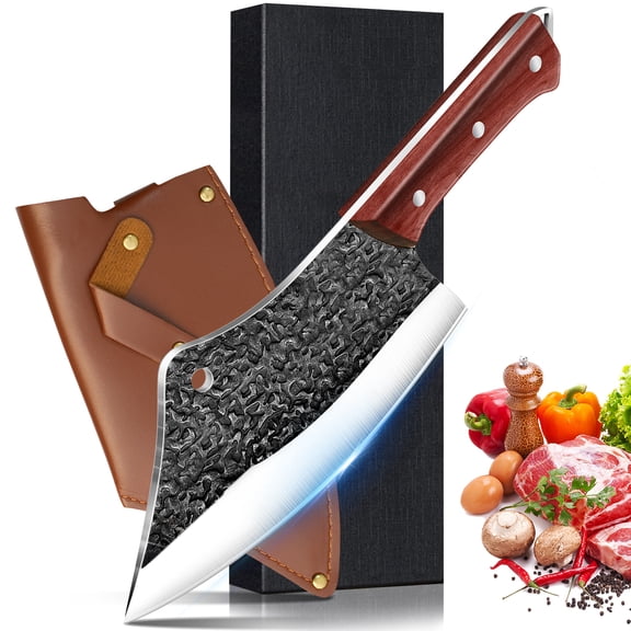 MDHAND 7-Inch Meat Cleaver Knife with Gift Box, Heavy Duty Forged Pattern Stainless Steel Butcher Knife with Ergonomic Wooden Handle, Sharp Chopper for Kitchen BBQ Camping