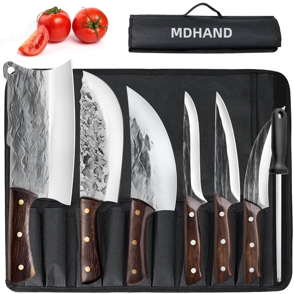 MDHAND 7-Piece Butcher Knife Set with Roll Bag, Chef Knife Set for Cleaver and Viking Knife with Ergonomic Handle, Stainless Steel Handle for Home, Cooking, Camping