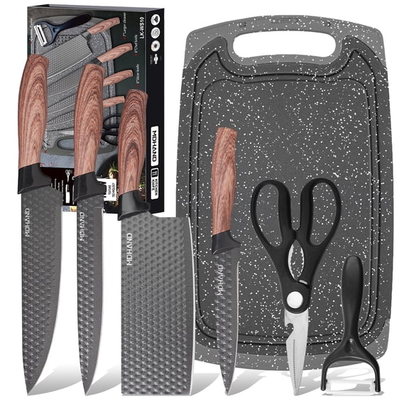 MDHAND 7-Piece Kitchen Knife Set ,Non-Stick Diamond Finish, Brown Wooden Handles, Cutting Board, Scissors, Peeler Essential Cooking Tools in Gift Box
