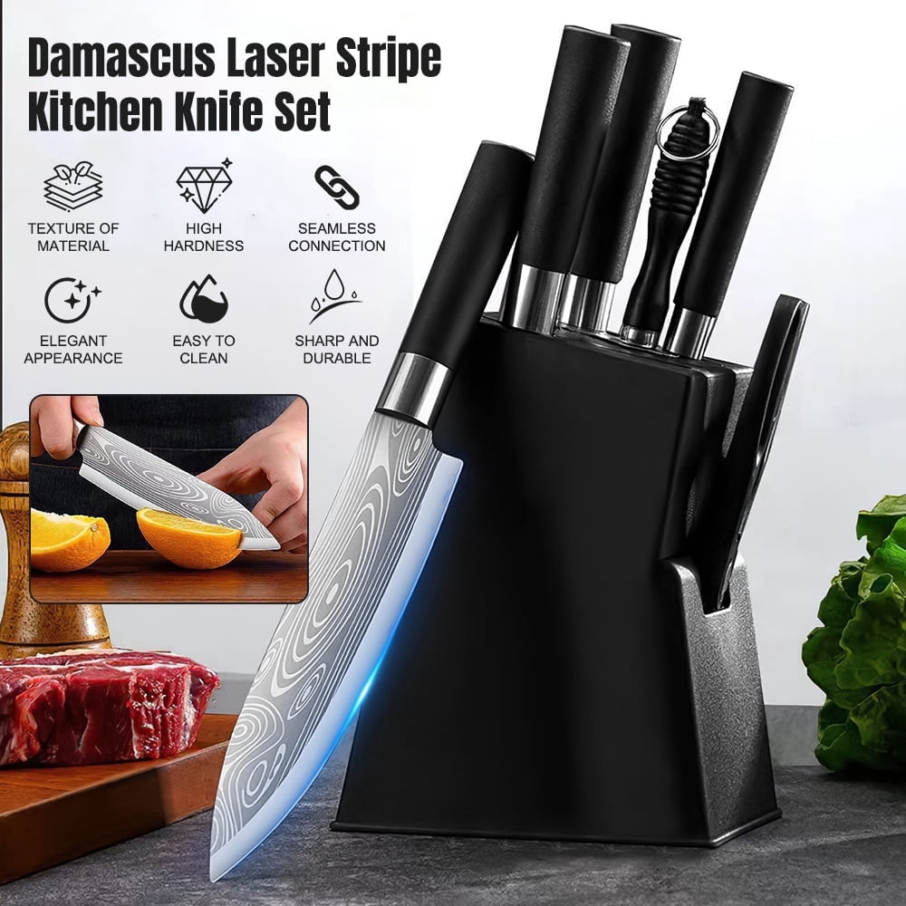 MDHAND 7-Piece Knife Set with Wooden Block, Damascus Laser Pattern Kitchen Knives, Ultra Sharp Forged Blades, Ergonomic Handle, Dishwasher Safe