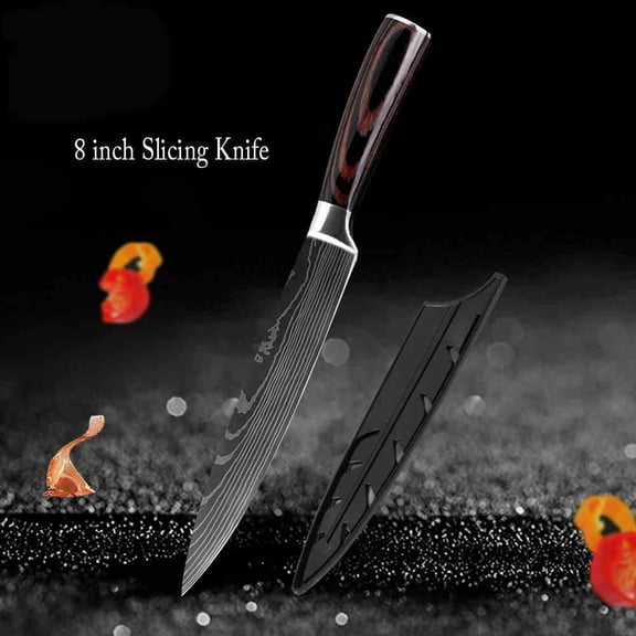 MDHAND 8 Inch Kitchen Slicing Knife with Sheath, Damascus Pattern Stainless Steel Chef Knife, Ergonomic Wood Handle for Meat & Vegetable Cutting, Gift Box Included