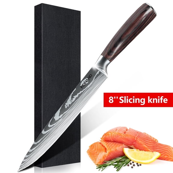 MDHAND 8 Inch Kitchen Knife with Sheath, Damascus Pattern Stainless Steel Chef Knife, Ergonomic Wood Handle for Meat & Vegetable Cutting, Gift Box Included