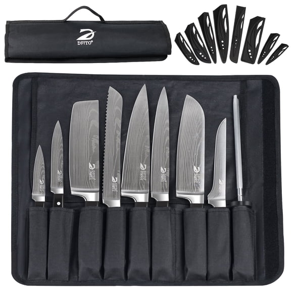 MDHAND 8-Piece Kitchen Knife Set with Roll Bag, High Carbon Stainless Steel Chef Knives Set with Ergonomic ABS Handles, Blade Guards, Portable Cutlery Set for Home Kitchen, Camping & Travel