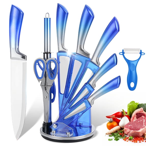 MDHAND 9-Piece Blue Gradient Handle Knife Set, 5 Stainless Steel Knives with Block, Sharpening Rod, Scissors and Peeler, for Home Kitchen