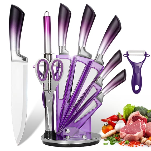 MDHAND 9-Piece Purple Gradient Handle Knife Set, 5 Stainless Steel Knives with Block, Sharpening Rod, Scissors and Peeler, for Home Kitchen