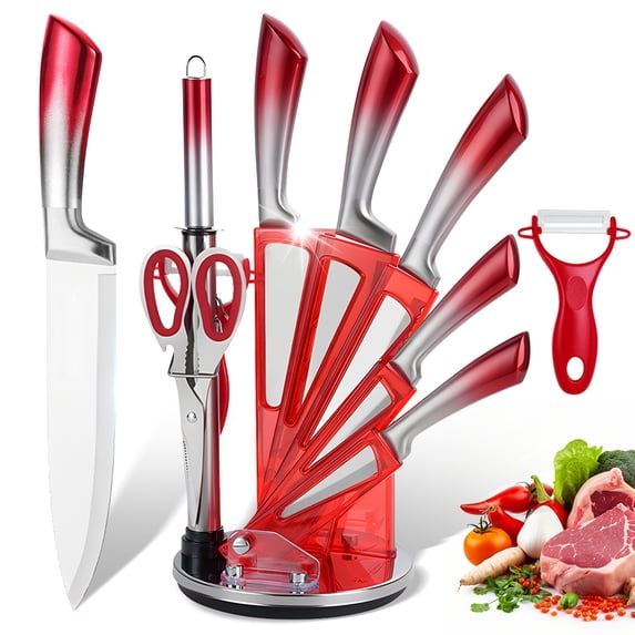 MDHAND 9-Piece Red Gradient Handle Knife Set, 5 Stainless Steel Knives with Block, Sharpening Rod, Scissors and Peeler, for Home Kitchen