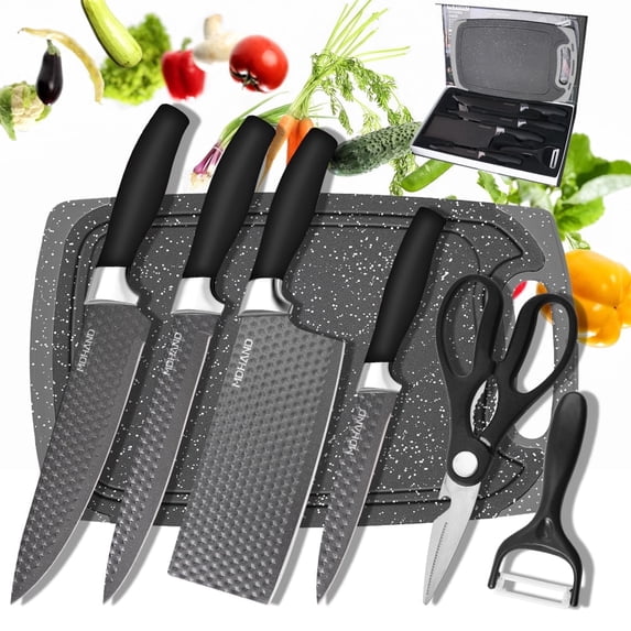 MDHAND Black 7-Piece Kitchen Knife Set, Black Handle German Stainless Steel Knives with Non-Stick Coating, Ergonomic Non-Slip Grip, Ultra Sharp, Dishwasher Safe