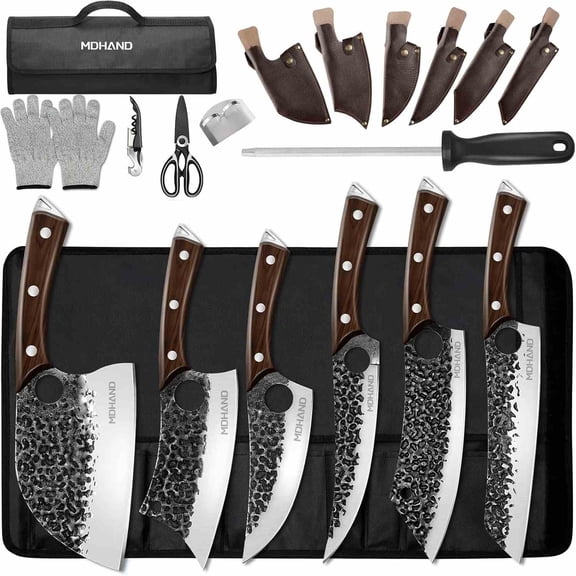 MDHAND Butcher Knife Set 13-Piece, Hand Forged High Carbon Steel Chef Knives with Wood Handles, Leather Sheaths & Roll Bag, Meat Cutting Boning Knives for Kitchen Camping BBQ