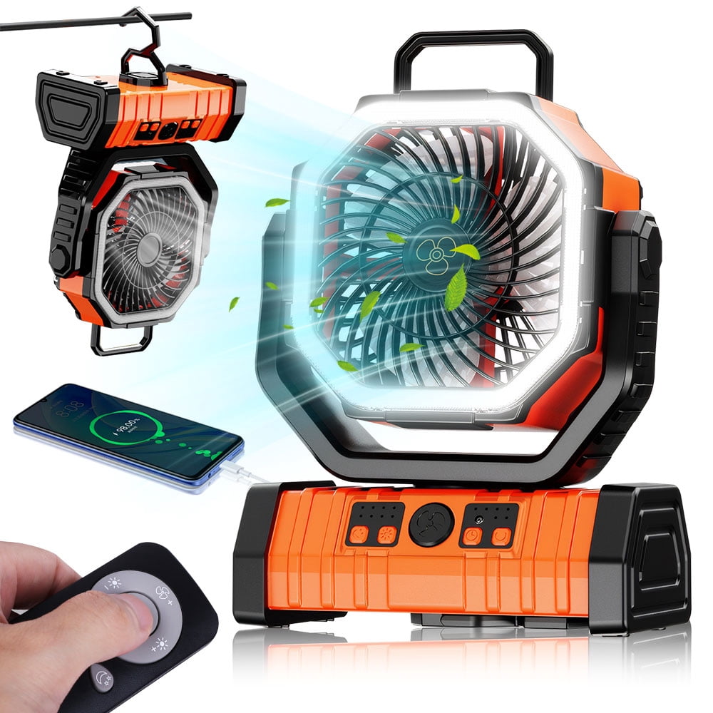MDHAND Camping Fan with LED Lantern, 20000mAh Portable Battery Operated Outdoor Fan with Remote, Personal Rechargeable Desk Fan for Outdoor or Indoor, Orange