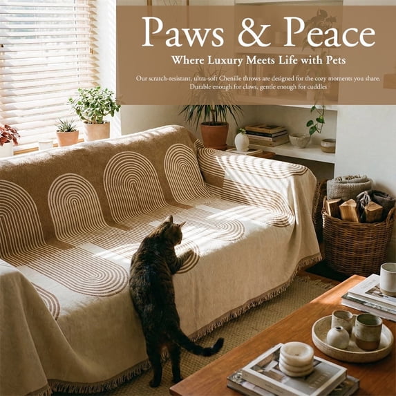 MDHAND Chenille Sofa Cover, Cat Scratch Resistant Sofa Slipcover, Jacquard Throw for Sofa, All-Season Couch Protector, Wave Edge (180"x 130", Beige)