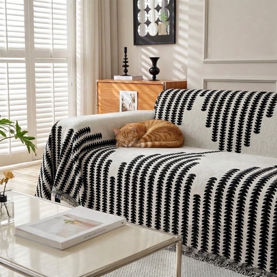 MDHAND Chenille Sofa Cover, Cat Scratch Resistant Sofa Slipcover, Jacquard Throw for Sofa, All-Season Couch Protector, Wave Edge (180"x 340", Black)