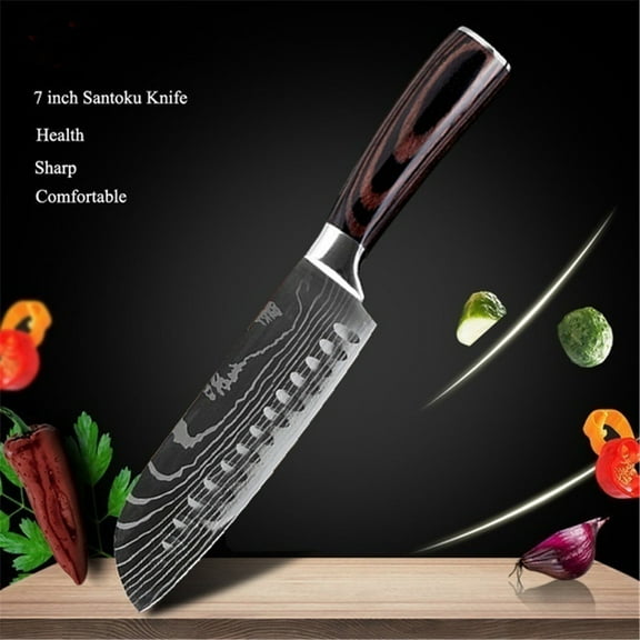 MDHAND Classic 7” Santoku Knife with Black Self-Sharpening Sleeve and Handle