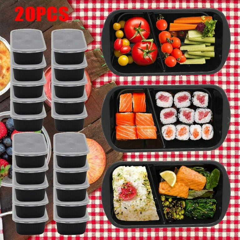 Mdhand Disposable Bento Box 20pcs Compartment with Lid Food Container Lunch Box, Black