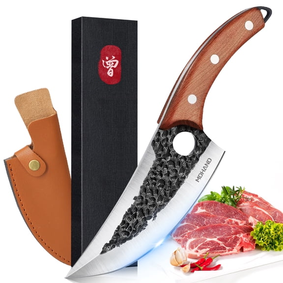MDHAND Double-Edged Curved Knife with Finger Hole, Brown Wood Handle, Leather Sheath, Multi-Purpose Kitchen Knife