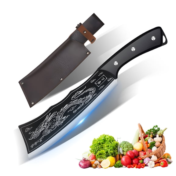 MDHAND Dragon Pattern Bone Chopper Knife, 3CR13 Stainless Steel Cleaver with 8.07in Blade, for Kitchen Meat Bone Cutting