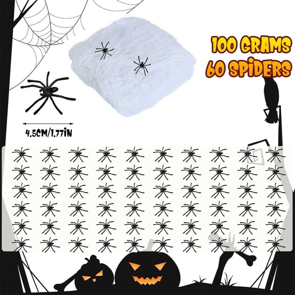 MDHAND Halloween Spider Web Set, 100g Stretchy Cobweb with 60 Fake Spiders, Haunted House Party Decor, Indoor Outdoor Spooky Decorations