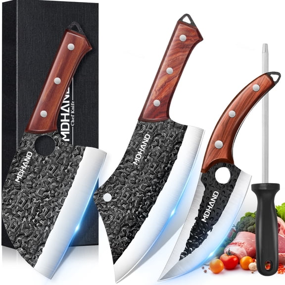 MDHAND Hand Forged Chef Knife Set 4 Piece Serbian Kitchen Cleaver High Carbon Steel Wood Handle Gift Box