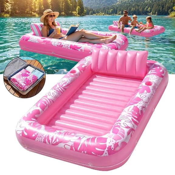 MDHAND Inflatable Pool Lounger Float, 46 x 70 in Large PVC Air Mattress for Multiple Users, with Pillow & Anchor Rope for Lake Beach, Pink