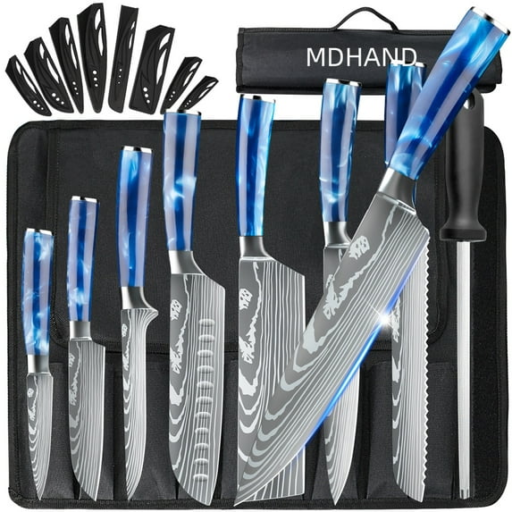 MDHAND Kitchen Chef Knife Set, 8-Piece Japanese Knife Set with Blue Resin Handle and Laser Damascus Pattern