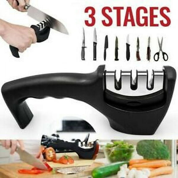 MDHAND Knife Sharpener, Kitchen Knife Sharpener 3-Stage Knife Sharpening System,for Straight and Serrated Knives and Scissors,Non-slip Base Kitchen Knife Sharpener, Easy to Use, Black