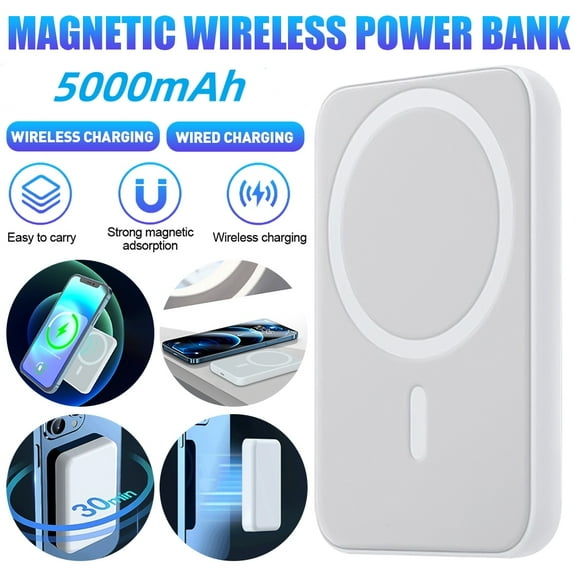 MDHAND Magnetic Power Bank Battery Pack 5000mAh Wireless Portable Charger PD 10W for Phone, White