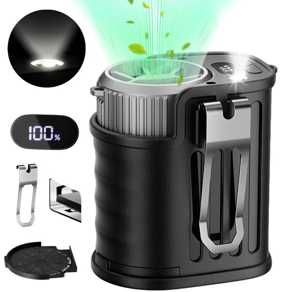 MDHAND Portable Rechargeable Waist Fan, 8000mAh Belt Clip Fan with Power Bank and Flashlight, Hands Free for Outdoor Work Camping, Gray